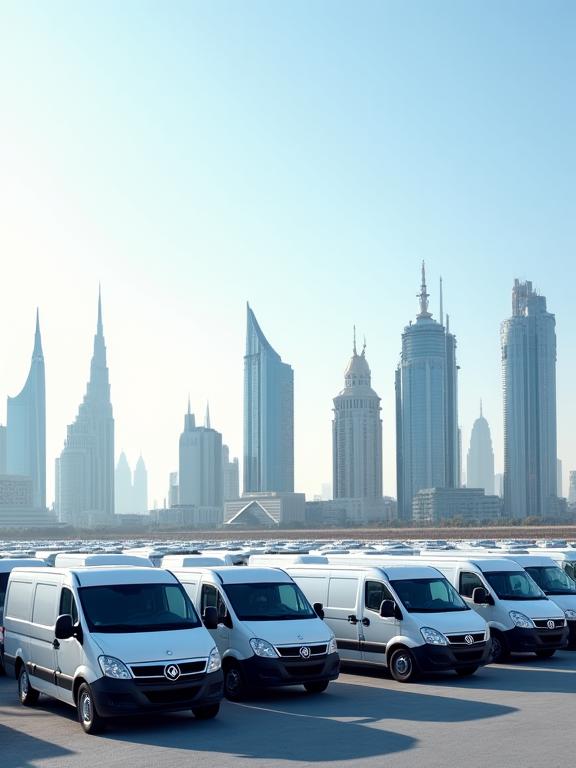 A fleet of white commercial delivery vans parked neatly in a row with Lusail buildings in the background.