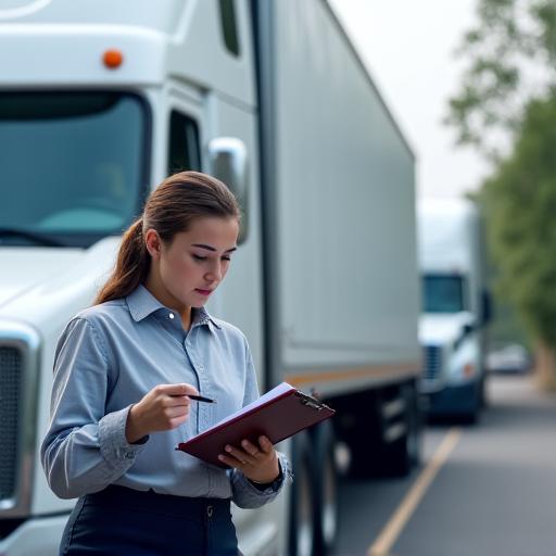 A person with a clipboard inspecting a fleet of commercial vans.