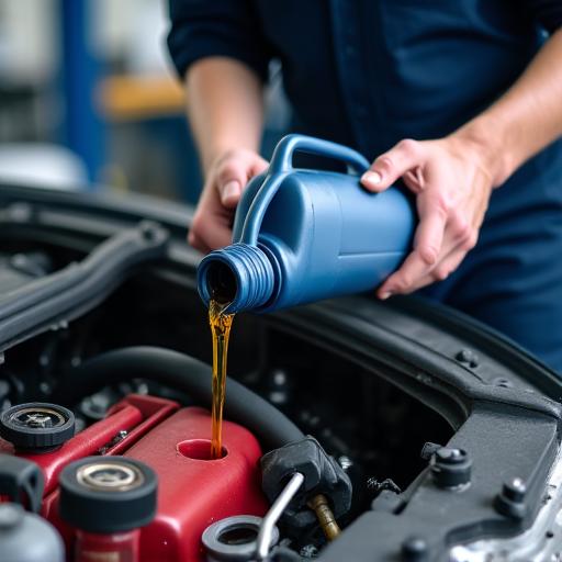 A mechanic pouring fresh motor oil into a car engine.