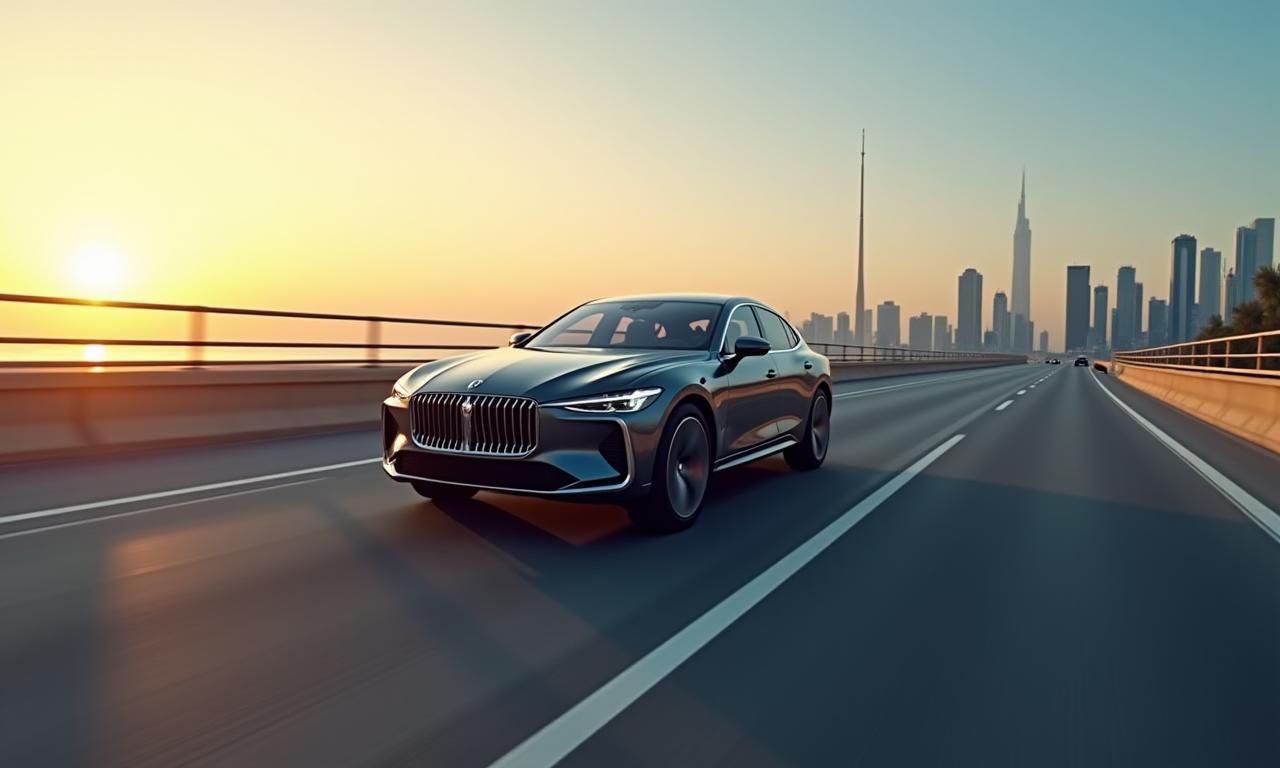 A modern car driving on a highway with the Lusail, Qatar skyline in the background.
